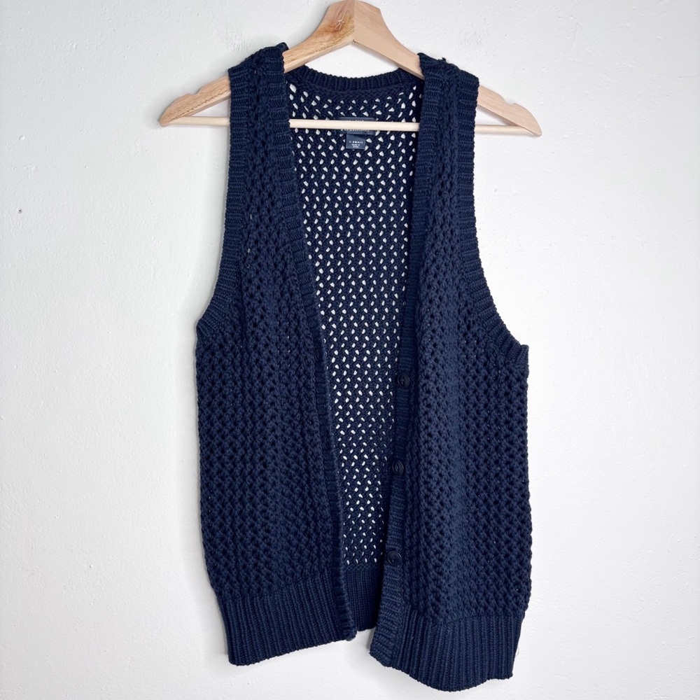 Anthropologie Maeve Dark Navy Open Knit Sleeveless Cardigan Sweater Size X-Small